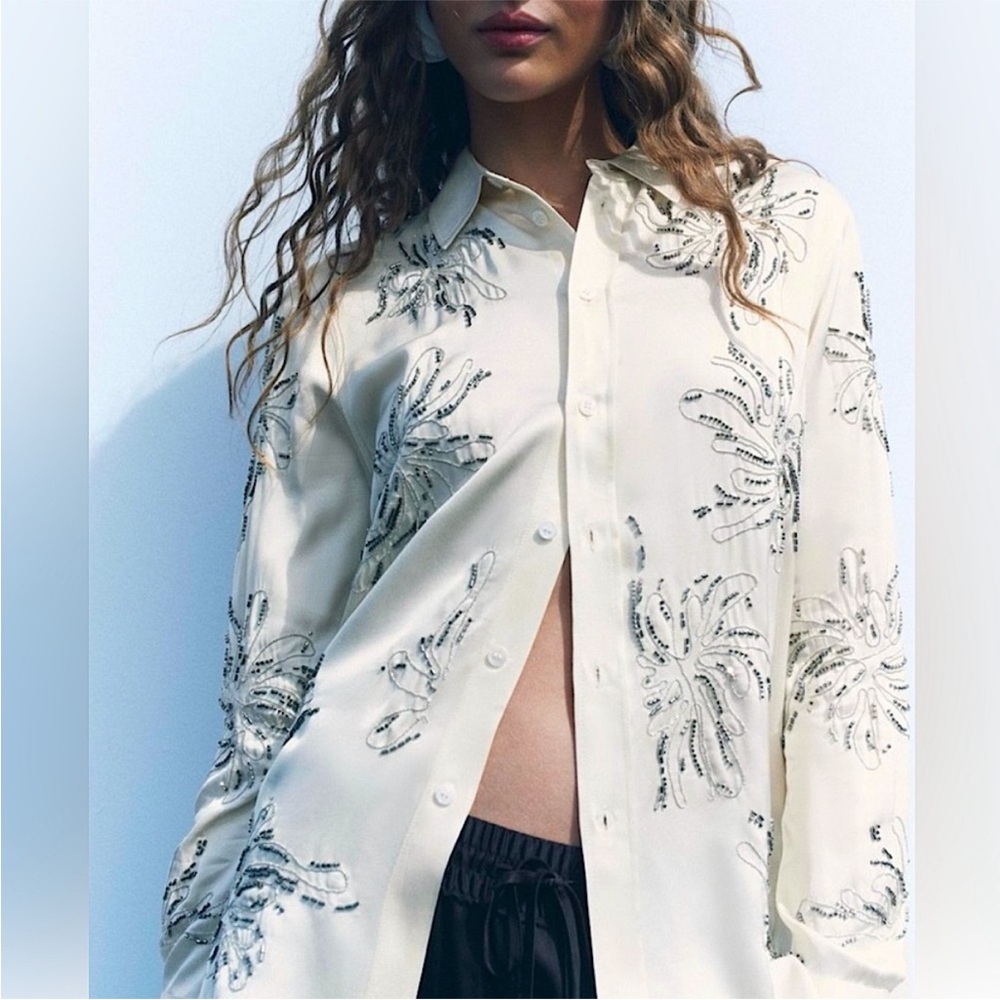 Zara Beaded Embellished Cream Silky Buttondown Blouse XS NWT